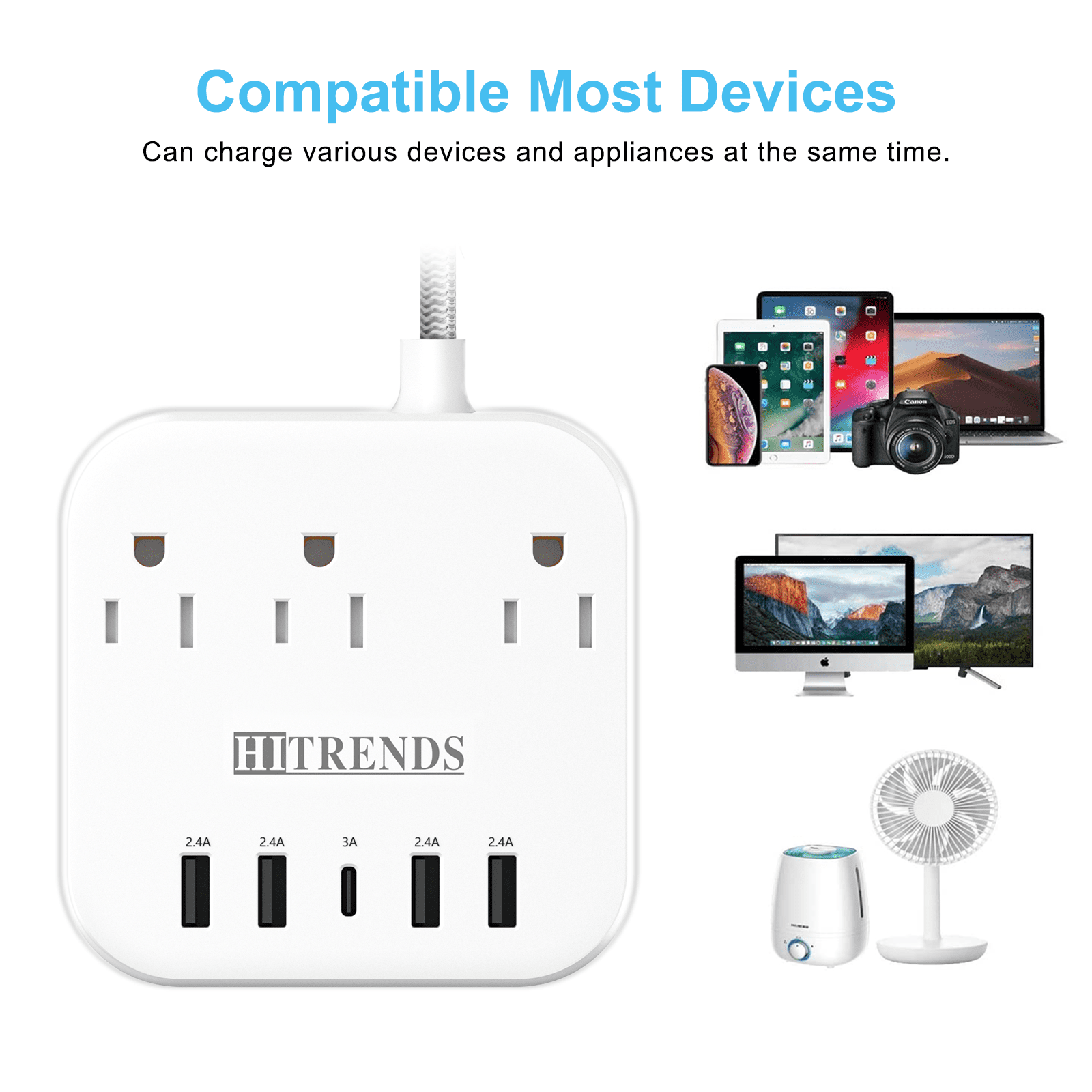 HITRENDS Surge Protector Power Strip, 3 AC Outlets, 4 USB-A Ports, 1 USB-C Port, 10-Foot Extension Cord