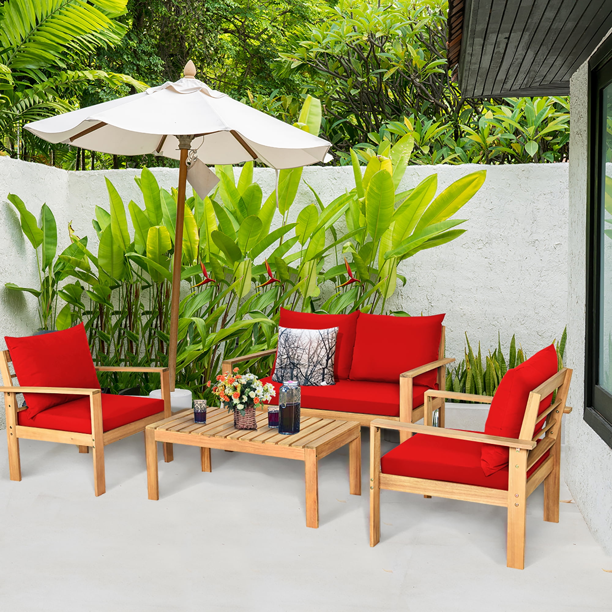 Costway 4PCS Patio Furniture Set Acacia Wood Thick Cushion Loveseat Sofa Red