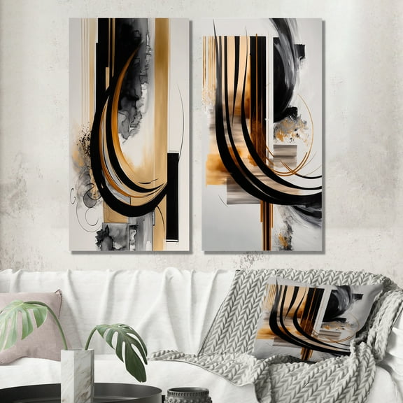 Designart "Art Deco with a Golden Touch II" Abstract Wall Art Set Of 2 - Black Abstract Canvas Set For Living Room Decor