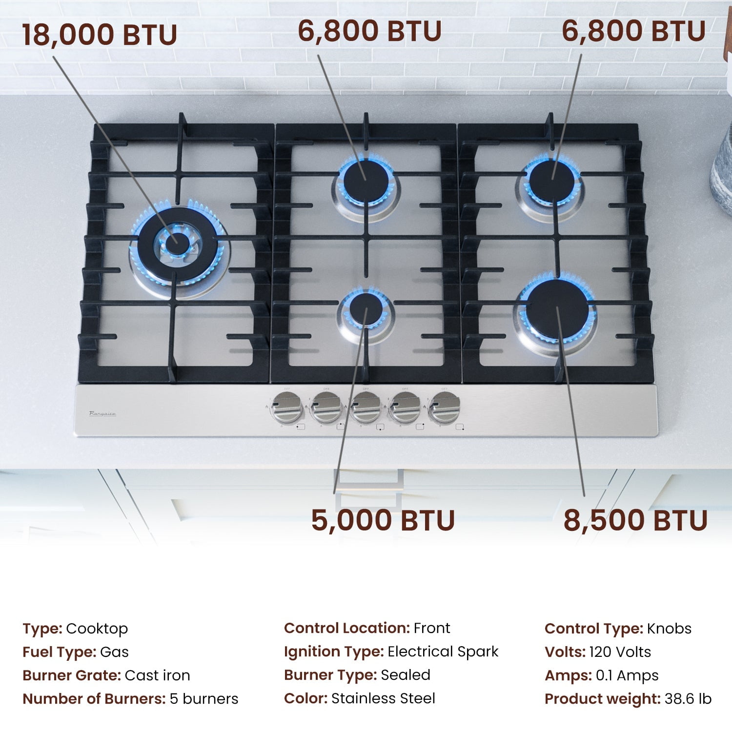 Rangaire RCG341S 34" Gas Cooktop - Stainless Steel, Sealed Burners, Cast Iron Grates, Die Cast Metal Burner Controls