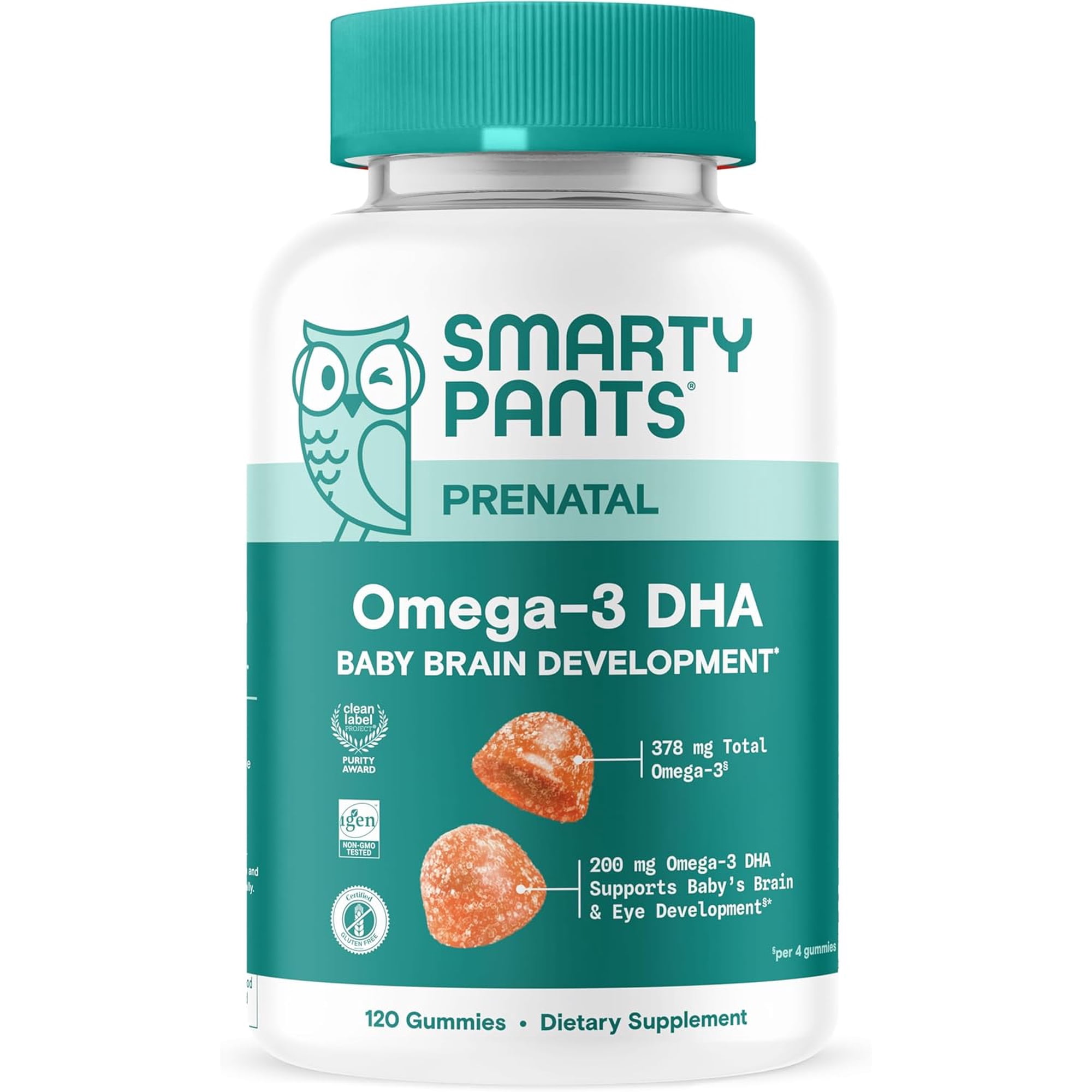 SmartyPants Prenatal Omega 3 DHA Gummies, Prenatal Vitamins for Women to Support Baby Brain Development with Algal Oil, Gluten Free, Clean Label, Orange Lemon Flavor, 120 Gummies (30 Day Supply)