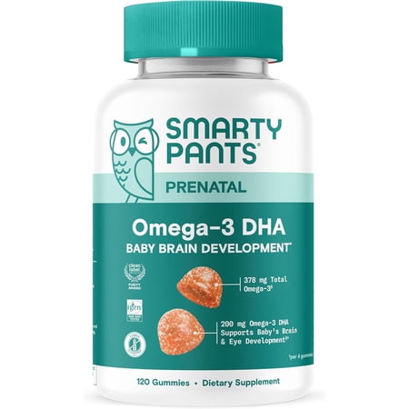 SmartyPants Prenatal Omega 3 DHA Gummies, Prenatal Vitamins for Women to Support Baby Brain Development with Algal Oil, Gluten Free, Clean Label, Orange Lemon Flavor, 120 Gummies (30 Day Supply)