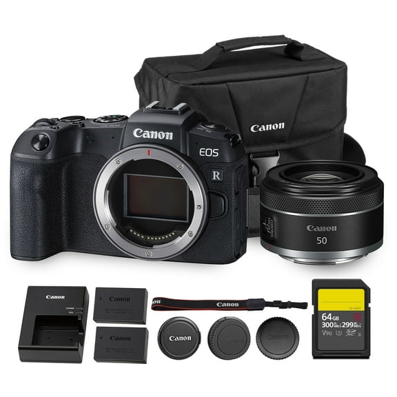 Canon EOS RP Mirrorless Camera | 26.2MP Full Frame Sensor | 4K Video Recording | Lightweight Compact Camera for Travel and Everyday Content Creation   Canon RF 50mm f/1.8 STM Lens   64GB Card   More