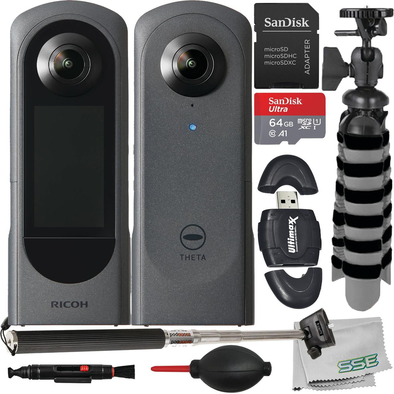 Ricoh THETA X 360° Camera with Starter Accessory Bundle: SanDisk