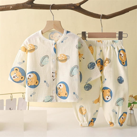 Mgmyaa Unisex Kids Bear Print Long Sleeve Top and Lantern Pants 2-Piece Cotton Gauze Pajama Set for Kids Ages 1-8