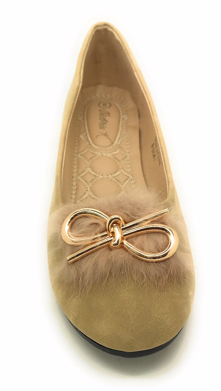 Victoria K Gold Bow Faux Fur Trim Ballerina Flats (Women)