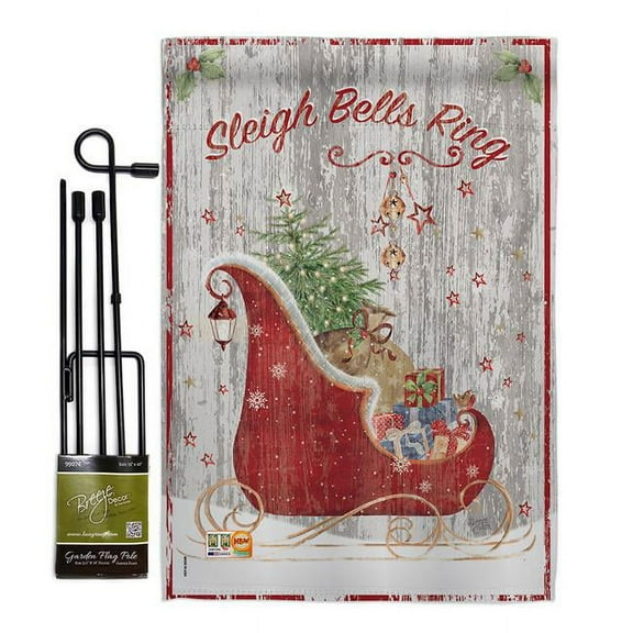 Breeze Decor BD-XM-GS-114189-IP-BO-D-US18-SB 13 x 18.5 in. Sleigh Bells Ring Winter Christmas Impressions Decorative Vertical Double Sided Garden Flag Set with Banner Pole