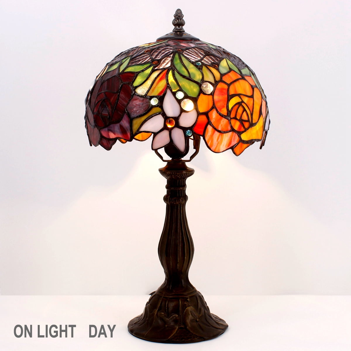 Werfactory 18” Victorian Energy Efficient Bronze Table Lamp with Stained Glass Rose Shade