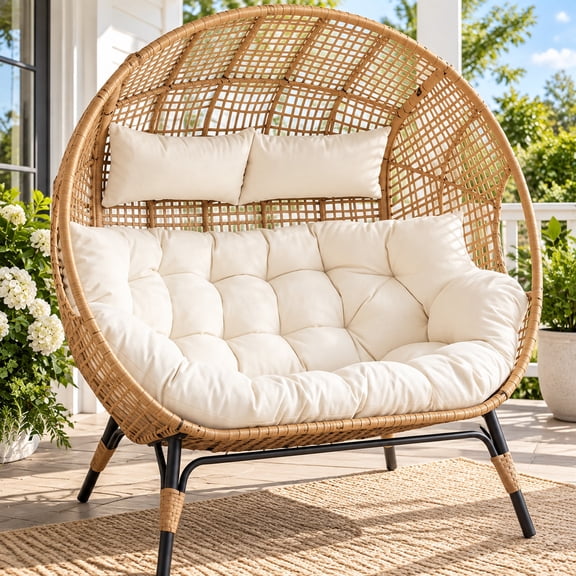 RADIATA Double Egg Chair Indoor Outdoor Stationary Oversized Thicken Padded Cushions,2 Person Egg Loveseat Chair,600 lbs Extra Large Lounge Chair for Patio Balcony Porch Backyard Beige