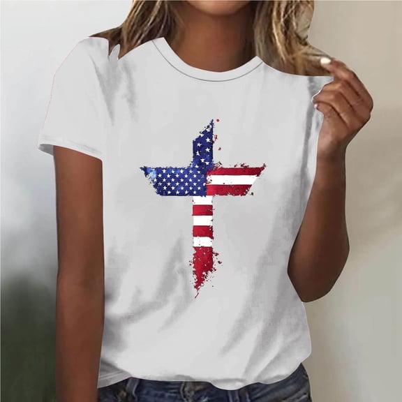 Zorckvet Womens Shirts Summer Tops American Flag Short Sleeve Round Neck Tunic Fashion Blouses for Women