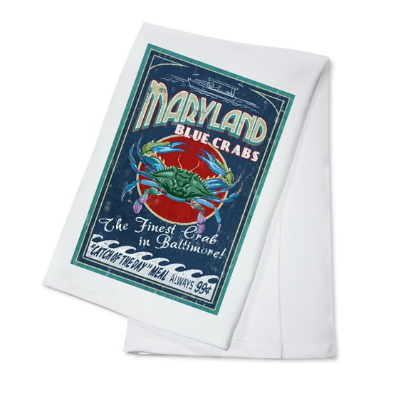 Decorative Tea Towel, Apron Baltimore, Maryland, Blue Crabs Vintage Sign, Unisex, Adjustable, Organic Cotton