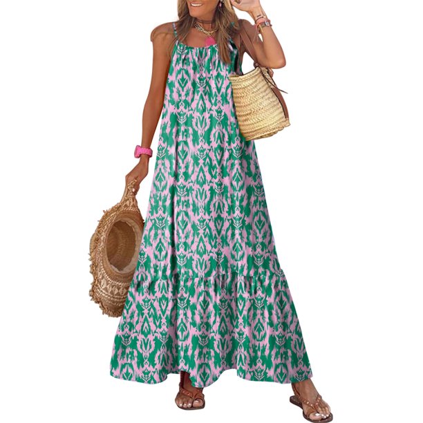 Vestido maxi de verano boho sin mangas verde talla mediana Dokotoo