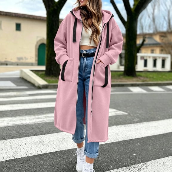Titcea Zip Up Hoodies for Women Fleece Long Drawstring Solid Color Hooded Sweatshirt with Pockets Home Daily Warm Comfy Casual Fall Winter Sweatshirts S-3XL