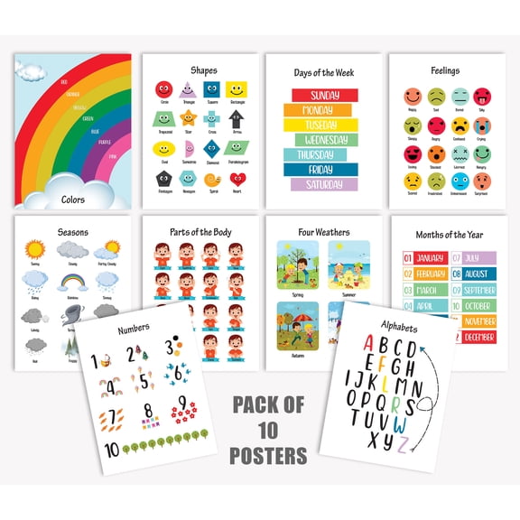 Traceease 10 Educational Posters for Classroom Decor & Kindergarten Homeschool Supplies Baby, Laminated Preschool Learning Chart Materials - ABC Alphabet, Numbers, Shapes,Feelings,Weathers
