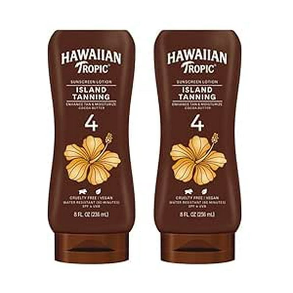 Hawaiian Tropic Island Tanning Lotion Sunscreen SPF 4, 8oz | Outdoor Tanning Lotion with SPF, SPF 4 Sunscreen, Oxybenzone Free Sunscreen, 8oz, Twin Pack
