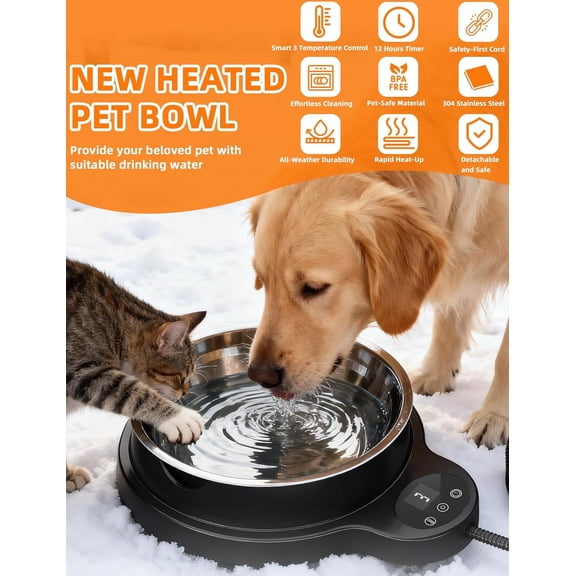 Heated Water Bowl for Dogs Cats Outdoor, 100W Pet Bowl with 3 Temp Settings & 12H Timer, BPA-Free Stainless Steel, Anti-Chew Cord