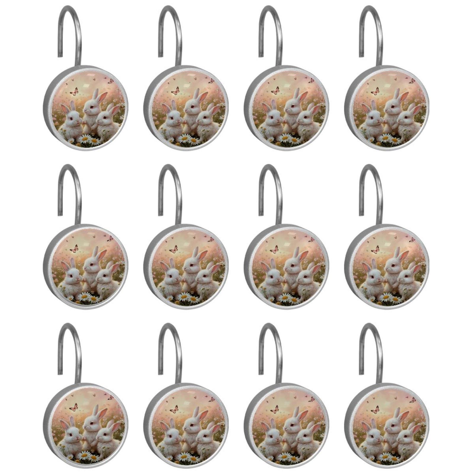 Imobaby 12 Pcs Metal Shower Curtain Hooks Rust Proof for Shower Curtain Liner - Little Rabbit Basking in the Sun