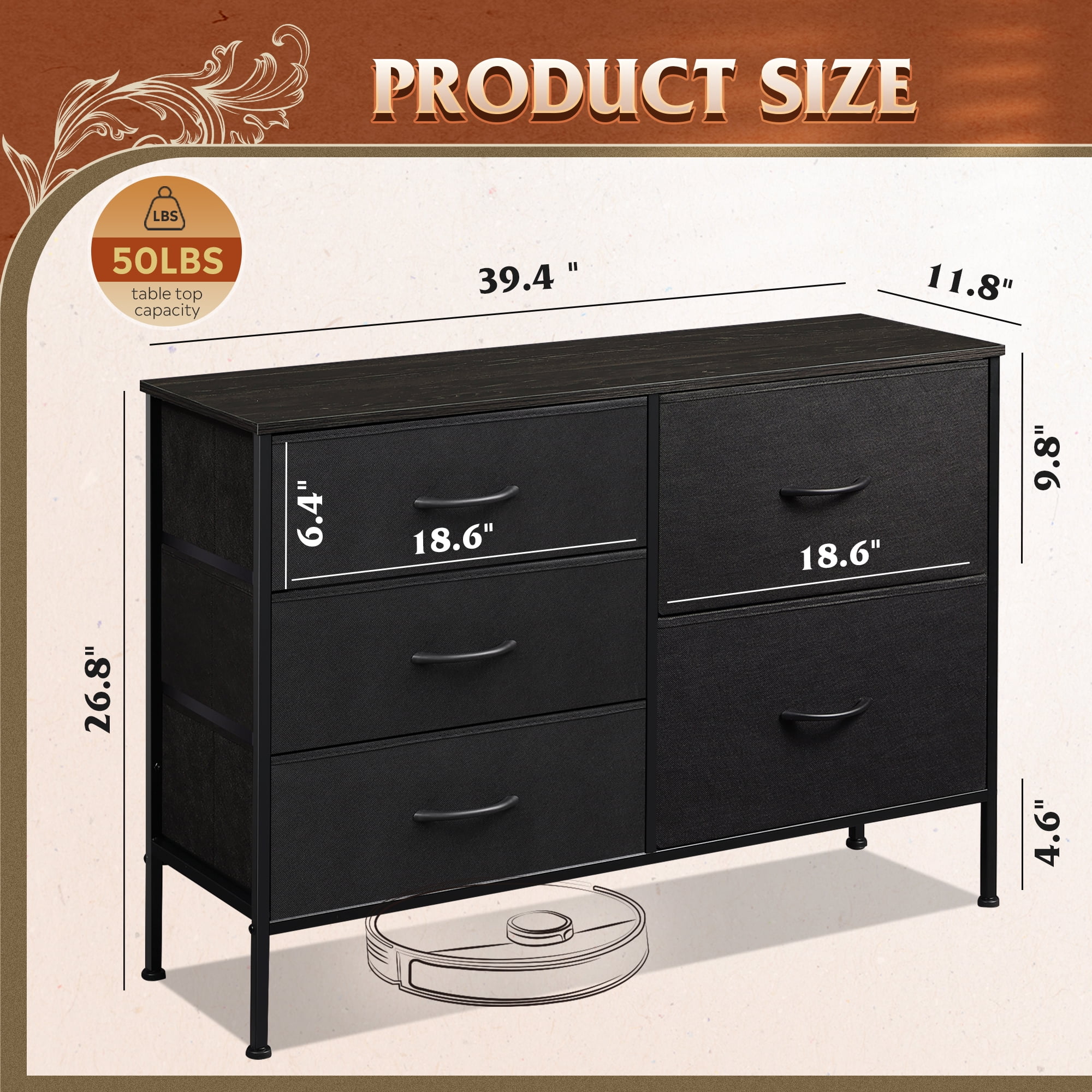 GALAXHERO 5 Drawer Dresser for Bedroom, Wide Chest of Drawers Nightstand Storage Organizers with Wood Top for Living Room, Hallway, Charcoal Black