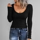 thumbnail image 2 of Camiseta básica de manga larga con cuello redondo y tejido acanalado ajustado para mujer - Poliéster - S-XL, 2 of 6