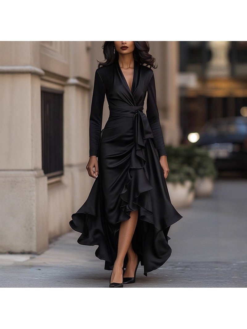 cinched waist formal dress Women's Elegant Satin Wrap Maxi V Neck Long Sleeve Ruffle Hem Silky Dress Ruched Detail Gown for Cocktail Holiday Prom Wedding Party Evening Events EN54