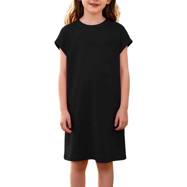 Vestido de Primavera de Niña Vestidos Sueltos Casuales con Bolsillos para 5-14 Años Vestido de Verano de Manga Corta Estirable Suave Y Cómodo para las Vacaciones Escolares