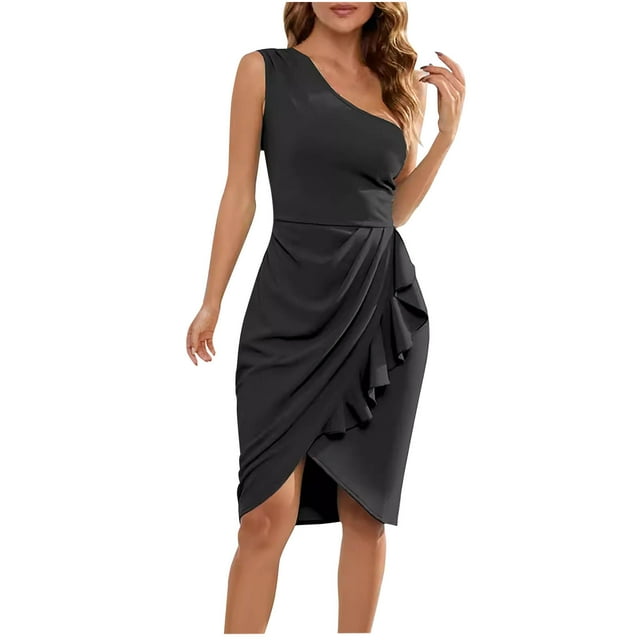 Vestido de Hombro Frío para las Mujeres Color Sólido sin Mangas Vestido de Hombro Inclinado, Cintura Ventilación Detalle Vestido Largo para Fiesta Y Vestido de Noche