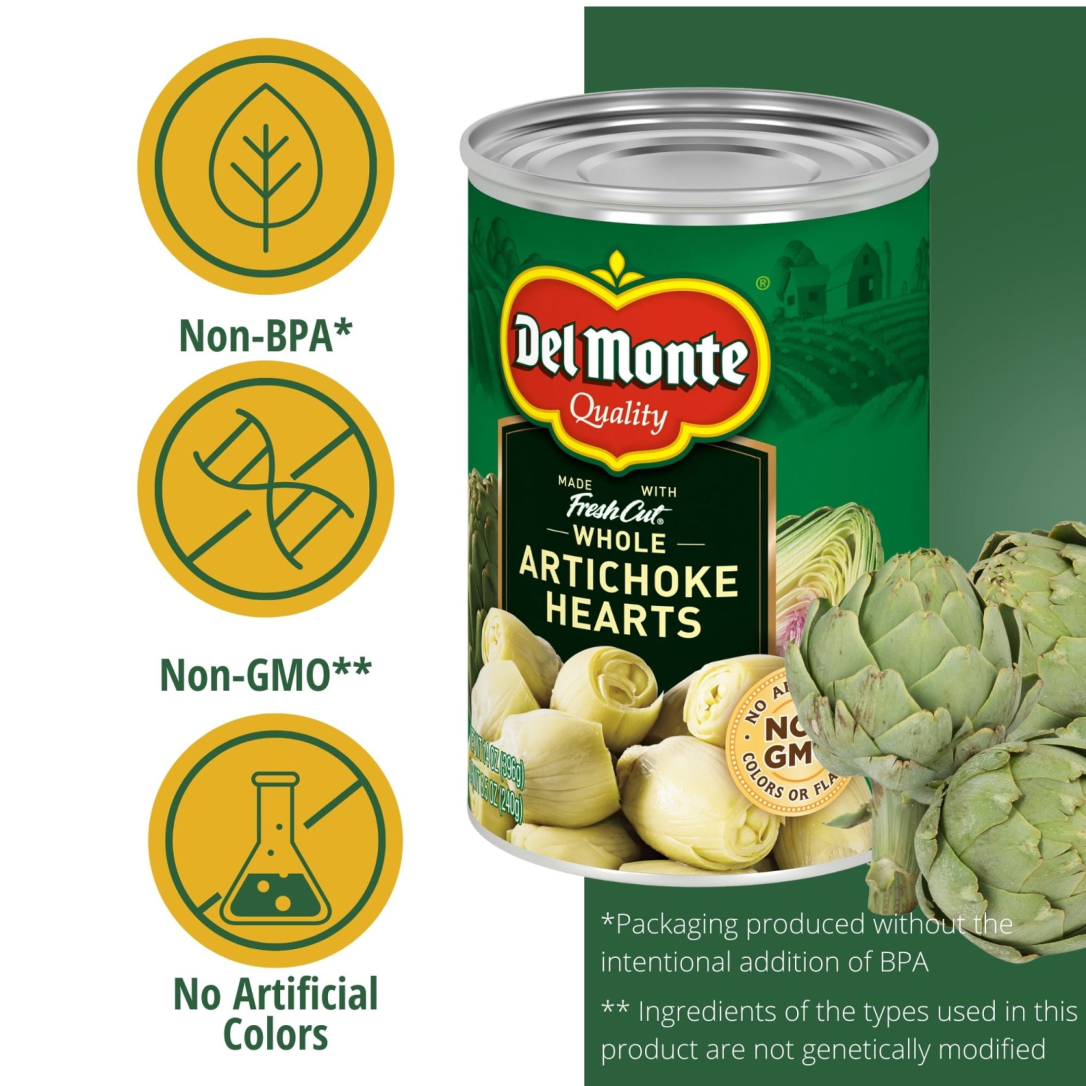 (12 pack) Del Monte Whole Artichoke Hearts, Canned Vegetables, 14 oz can