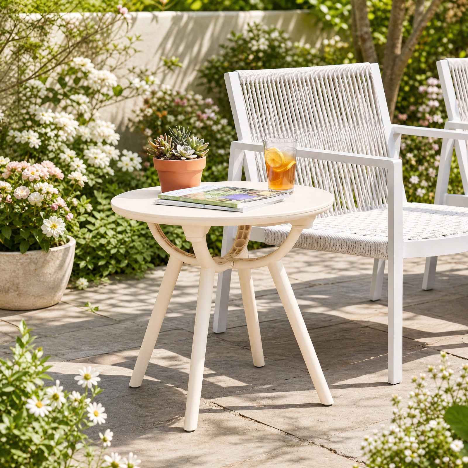 Furnibear Weather Resistant Circular Small End Table Set of 2 with Spacious Round Tops and Molded PP ABS Build for Poolside and Backyard, White