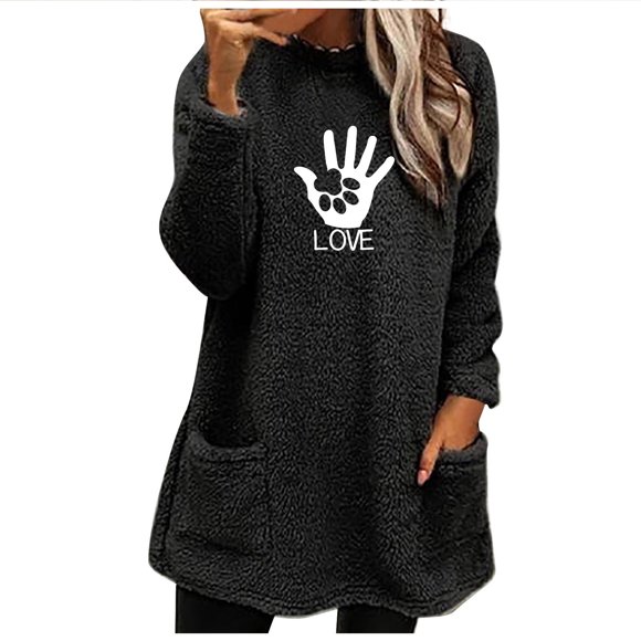 Virmaxy Fall Winter Mid-Length Sherpa Fleece Coat for Women Love Cat's Paw Printed Fuzzy Thicken Blouse Tops Long Sleeve Pullover Shirt Crew Neck Loose Plush Sweatshirt with Pocket Black-B S