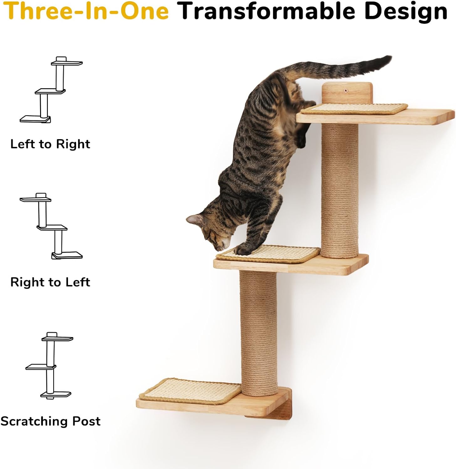 Wall Shelves 3-in-1 Transformable Scratching Post for Cats,  Wall Mounted Jungle Perch Platform for Climbing Playing Napping