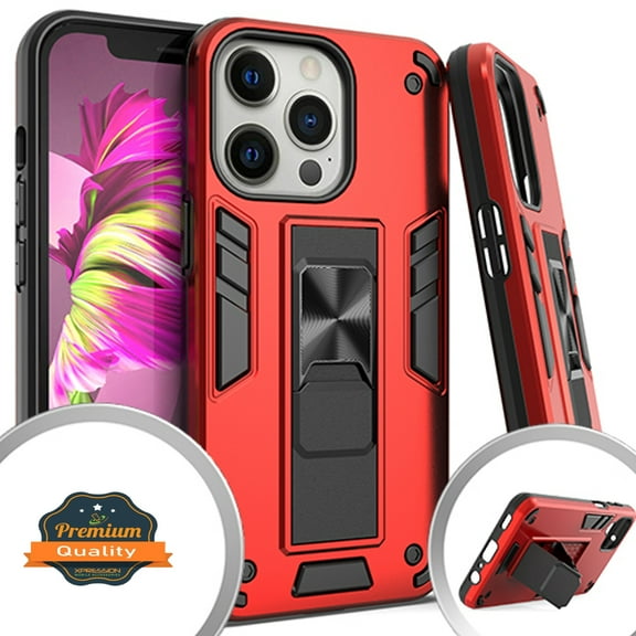 Xpression Case for Apple iPhone 13 Pro (6.1") with Built-in Slide Kickstand Shockproof Armor Heavy Duty Dual Layer [Military Grade] Rugged Phone Cover [Red]