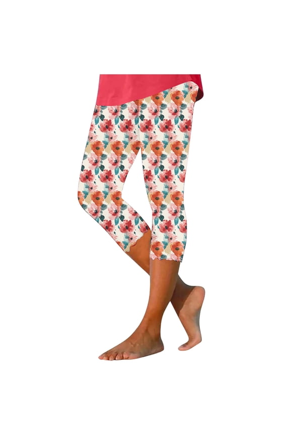 Compression Capri Leggings Women High Waist Floral Print Capris Knee Length Tummy Control Cropped Trouser Slim Fit Yoga Stretch Capris Pants 2025 Multicolor,L