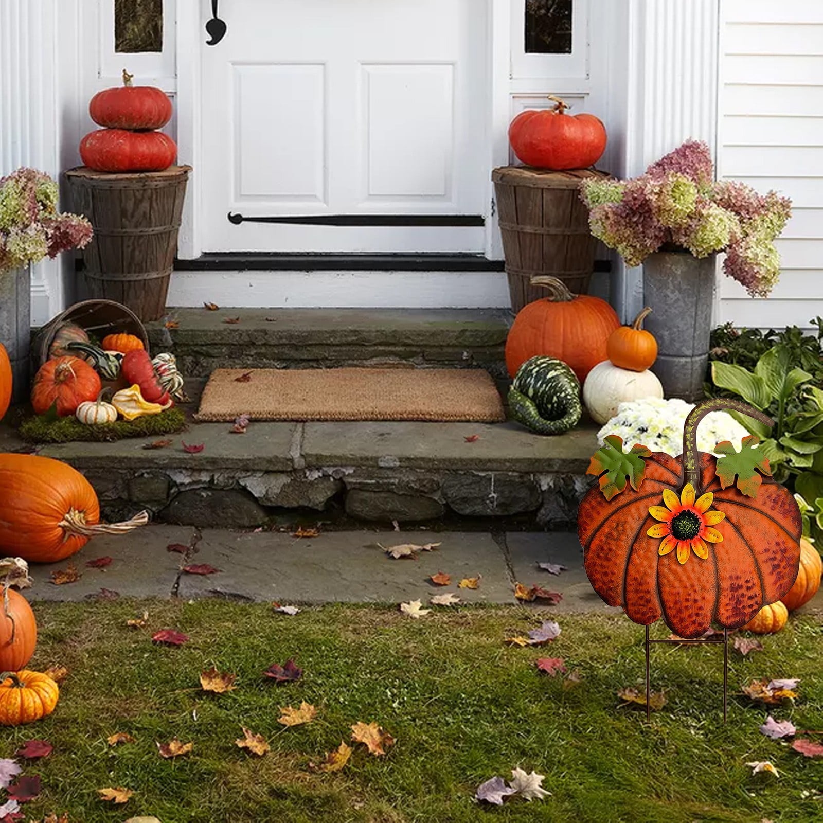 ZLBDYG Rustic Metal Pumpkin Hanging Decoration & Stake Garden Outdoor Decor - Fall Thanksgiving Yard Sign with Green Stem for Lawn Pathway Porch Autumn Festival Seasonal Decoration