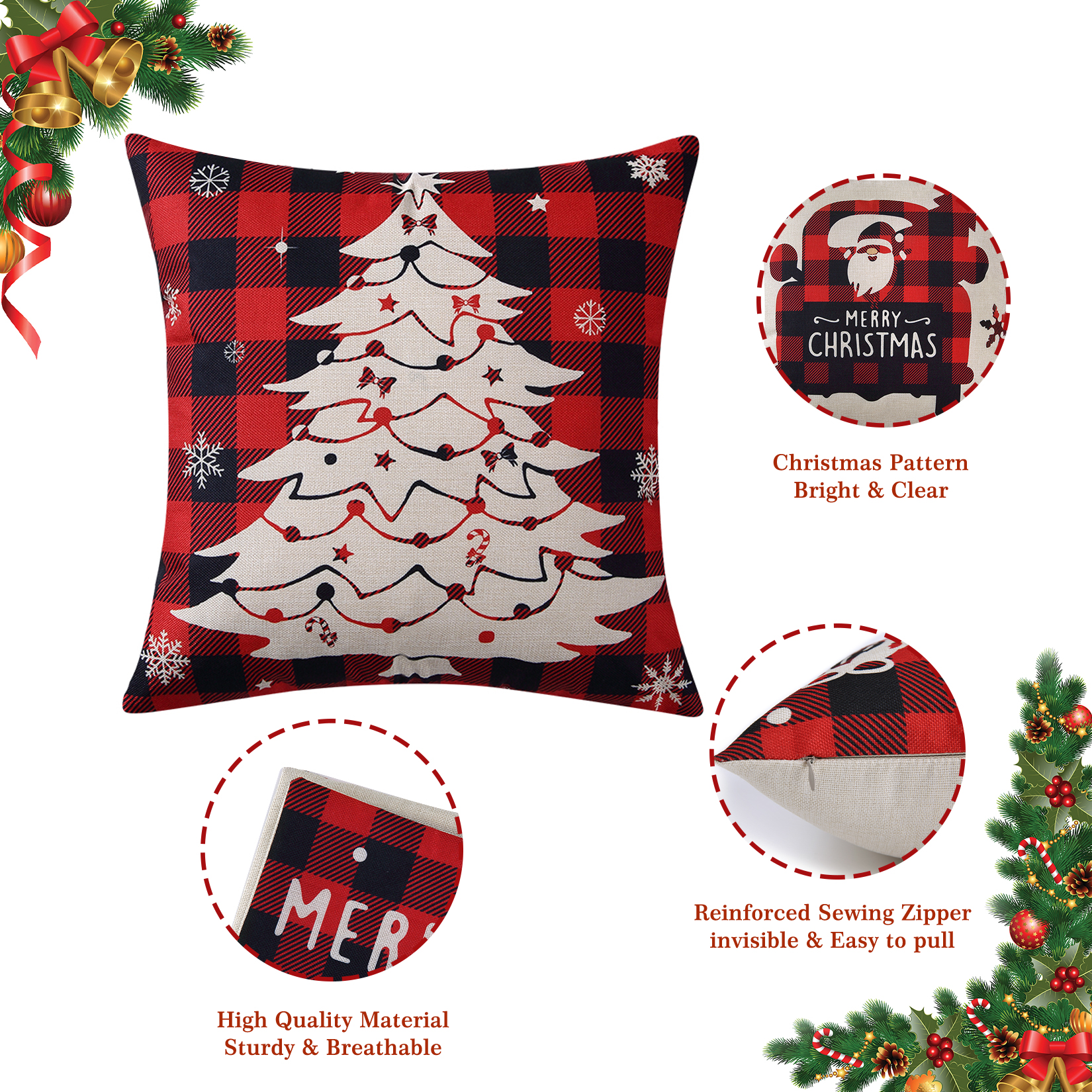 Hlonon Christmas Decorations Christmas Pillow Covers 18 x 18 Inches Set of  4 - Xmas Series Cushion Pillow Cover Custom Zippered Square Pillowcase