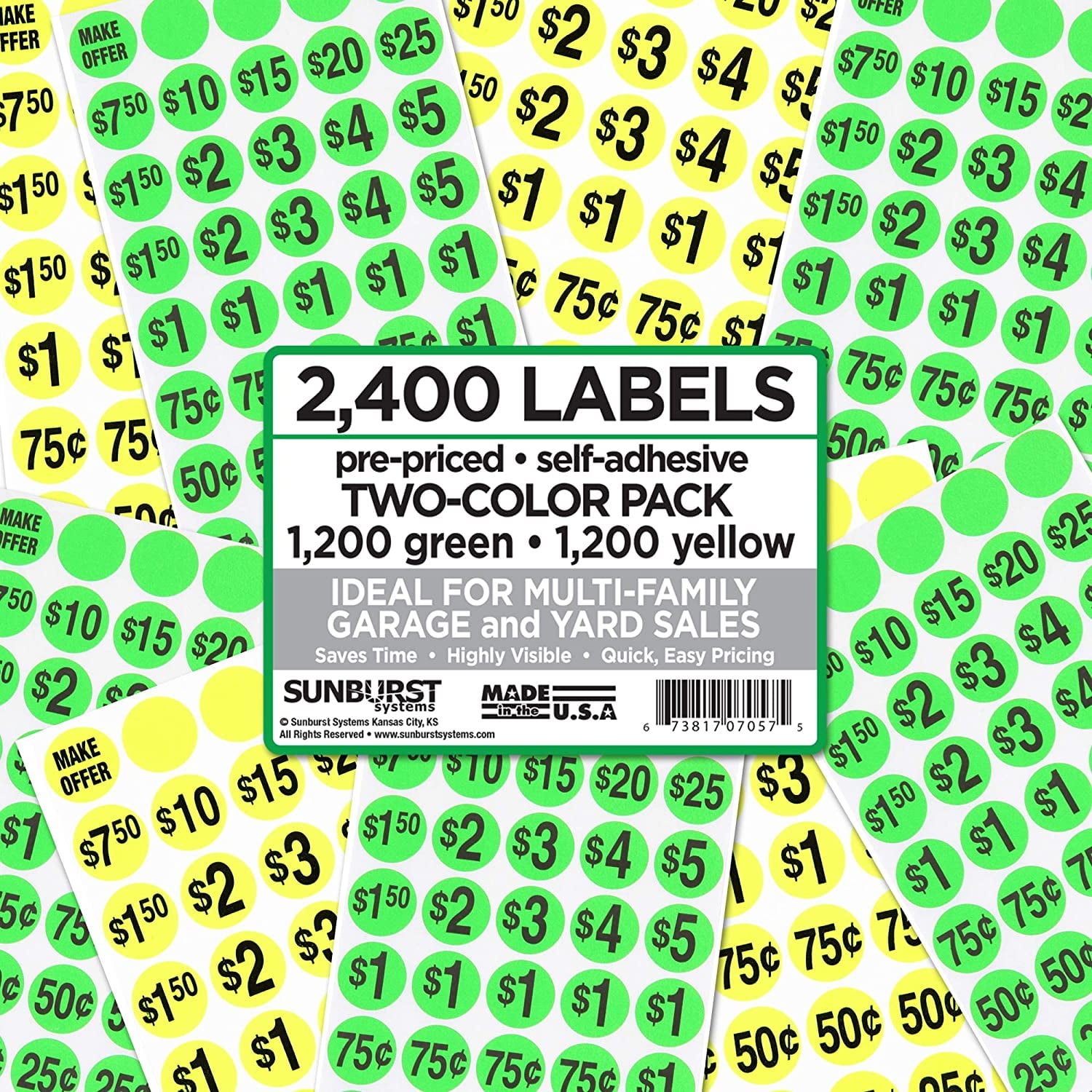 Sunburst Systems Pre-Priced Garage and Yard Sale Labels - 1200 Each of Green and Yellow
