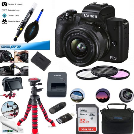 Canon EOS M50 Mark II Mirrorless Camera Kit w/EF-M15-45mm and 4K Video - Black - Essential Accessories Bundle