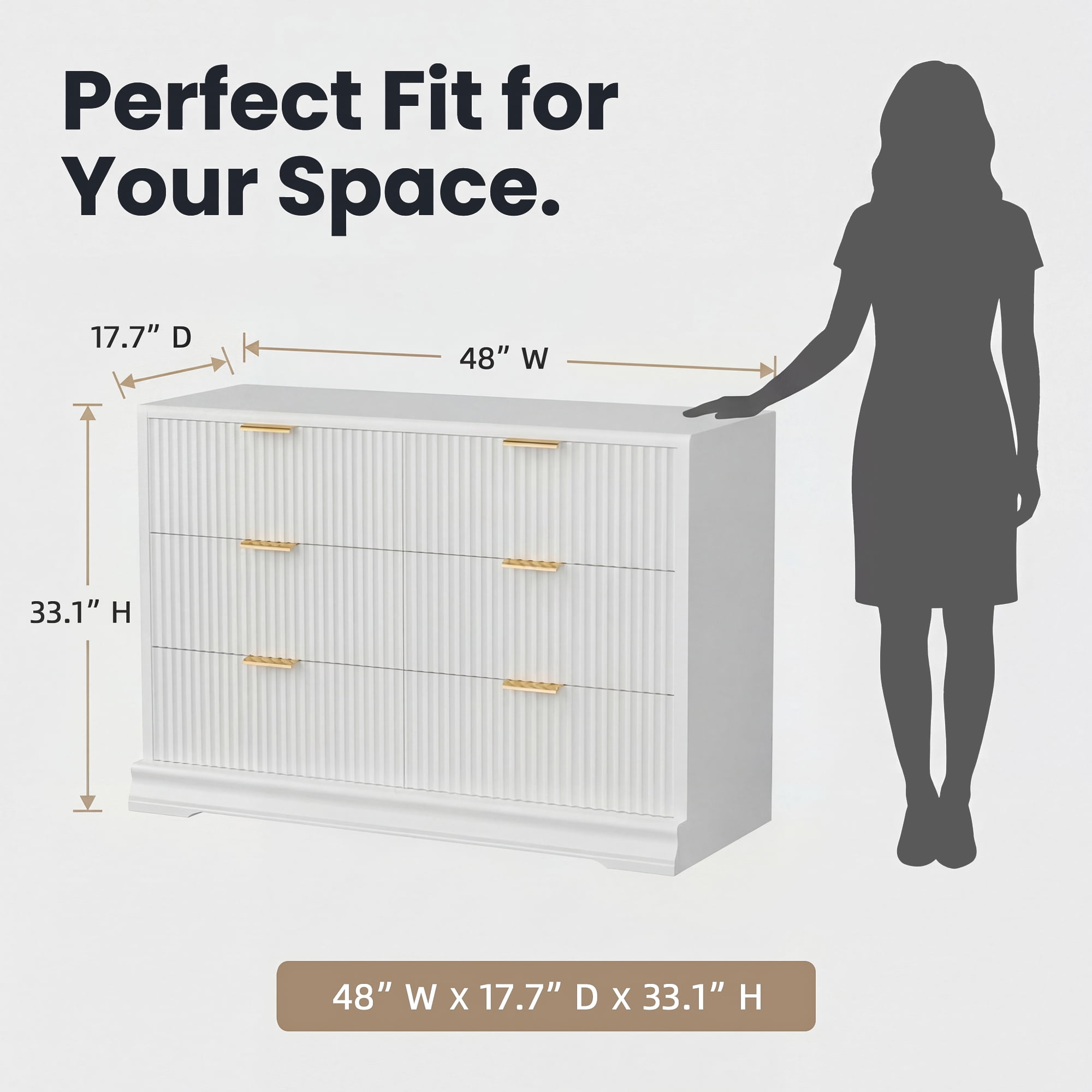 Homall Fluted 6 Drawers Dresser for Bedroom, 48" Modern Chest of Drawers with Metal Handle, Wood Closet Storage Organizer for Living Room, White