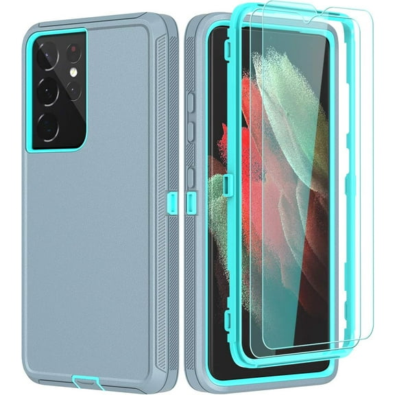 Compatible with Samsung S21 Ultra Case,with HD Screen Protector (2 Packs) Heavy Duty Hard Shockproof Protector Case,Cover for Samsung Galaxy S21 Ultra 5G 6.8 inch (Gray-SkyBlue)