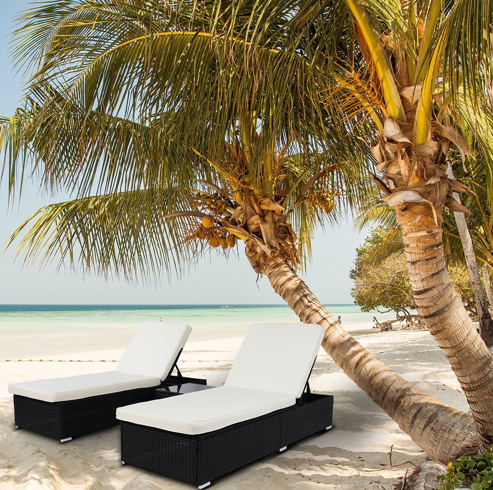 Kepooman Chaise Lounge Chairs for Outside 3 Pieces Patio Adjustable Lounge Chairs Set of 2 with Table Outdoor Rattan Cushioned Poolside Folding Chaise Lounge Set, Black Kepooman Chaise Lounge Chairs for Outside 3 Pieces Patio Adjustable Lounge Chairs Set of 2 with Table Outdoor Rattan Cushioned Poolside Folding Chaise Lounge Set, Black