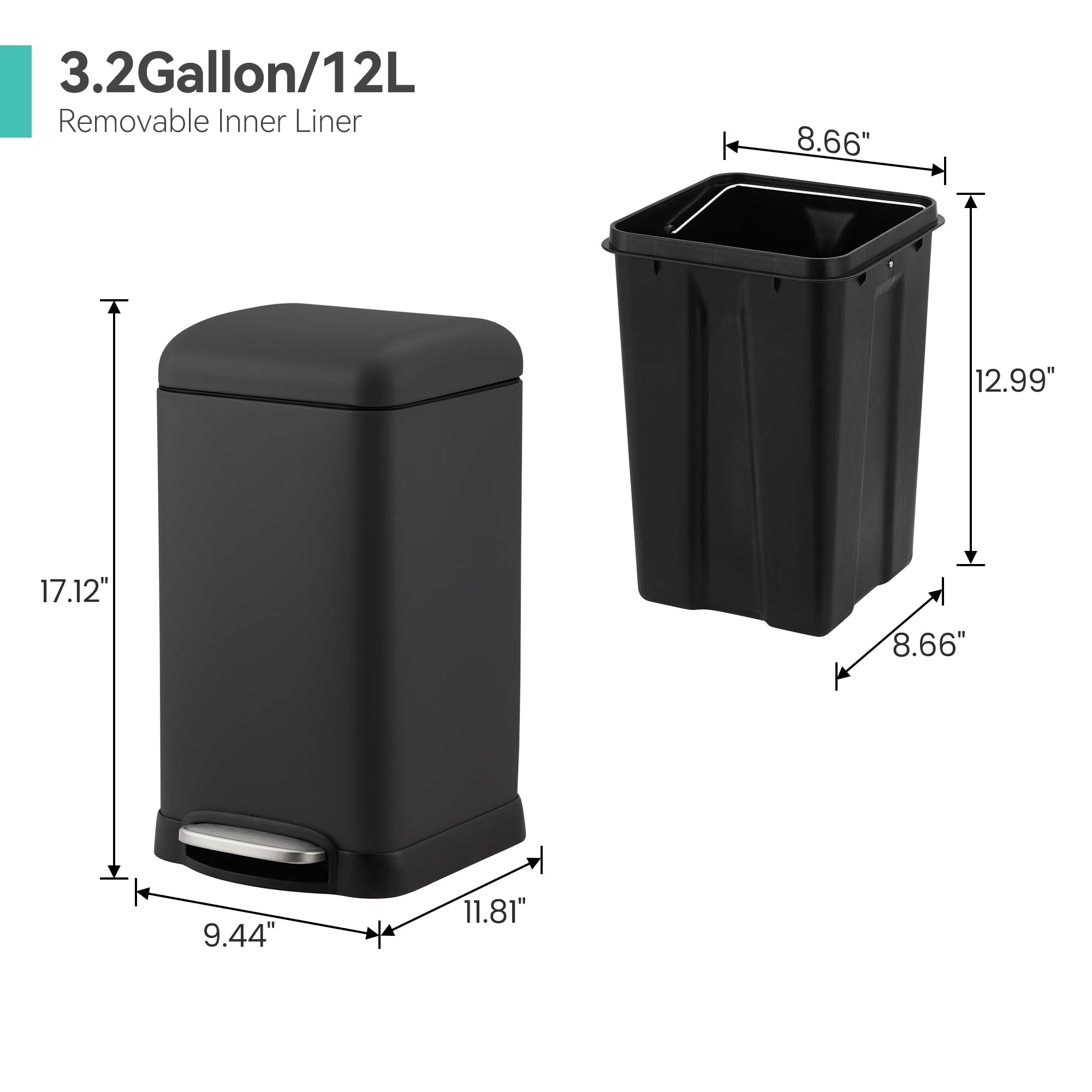 Bathroom Trash Can with Lid, Stainless Steel Kitchen Garbage Can with 12 Liter, Soft Close Step-On Pedal, Fingerprint-Resistant Finish for Kitchen or Dormitory