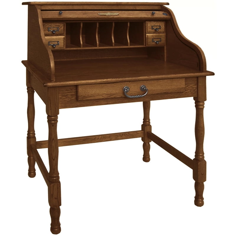 Lonie 32" Mini Roll Top Desk in Burnished Walnut Solid Wood