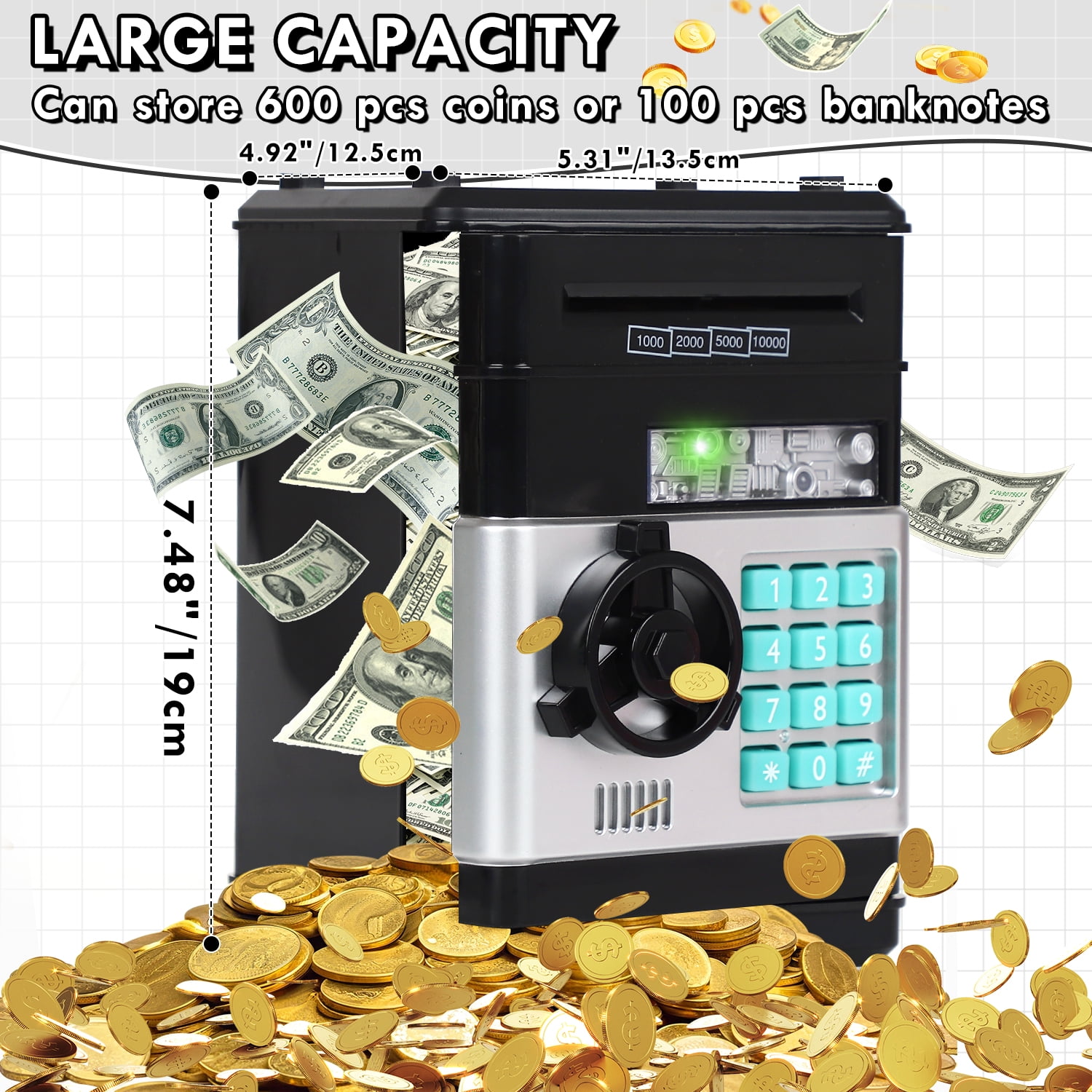 Piggy Bank for Kids Girls Boys, Large Electronic Money Saving Box with Password Protection, Automatic Paper Money Scroll - Black