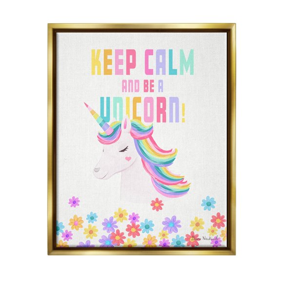 Stupell Industries Keep Calm Be A Unicorn Playful Quote Pastel Florals Graphic Art Metallic Gold Floating Framed Canvas Print Wall Art, Design by Diane Neukirch