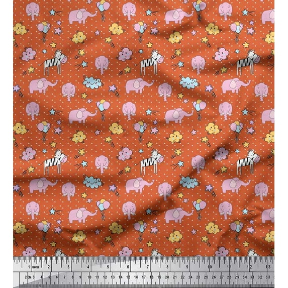 Soimoi Poly Georgette Fabric Cloud,Star & Cute Elephant Kids Printed Craft Fabric by The Yard 42 Inch Wide