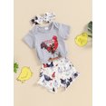thumbnail image 6 of Aojekbee Baby Girl Farm Clothes Set Short Sleeve Romper with Hen Print Ruffled Shorts and Headband, 6 of 10