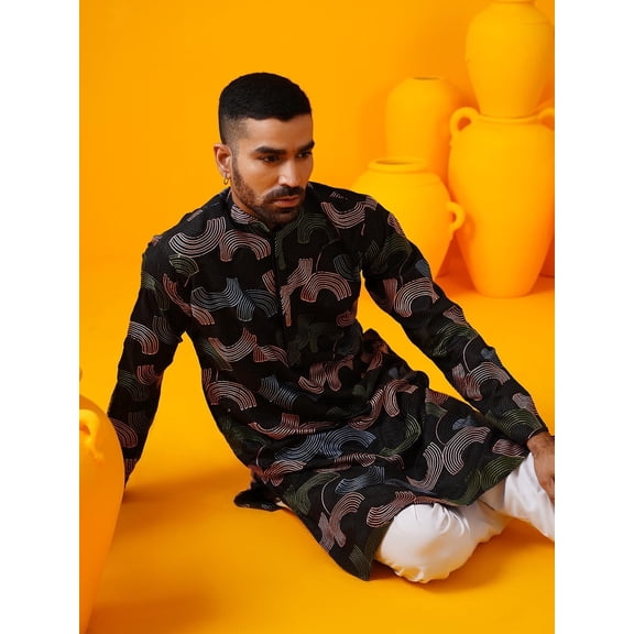 Sojanya (Since 1958) Men'S Cotton Silk Multi Thread Embroidered Black Kurta With White Pyjama