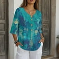 thumbnail image 3 of Xoenoiee Paint Splatter Print Womens 3/4 Sleeve Tops Cotton Linen Shirts V Neck Lace Casual Loose Fit Blouses Button Down Boho Tees, Size S, 3 of 7