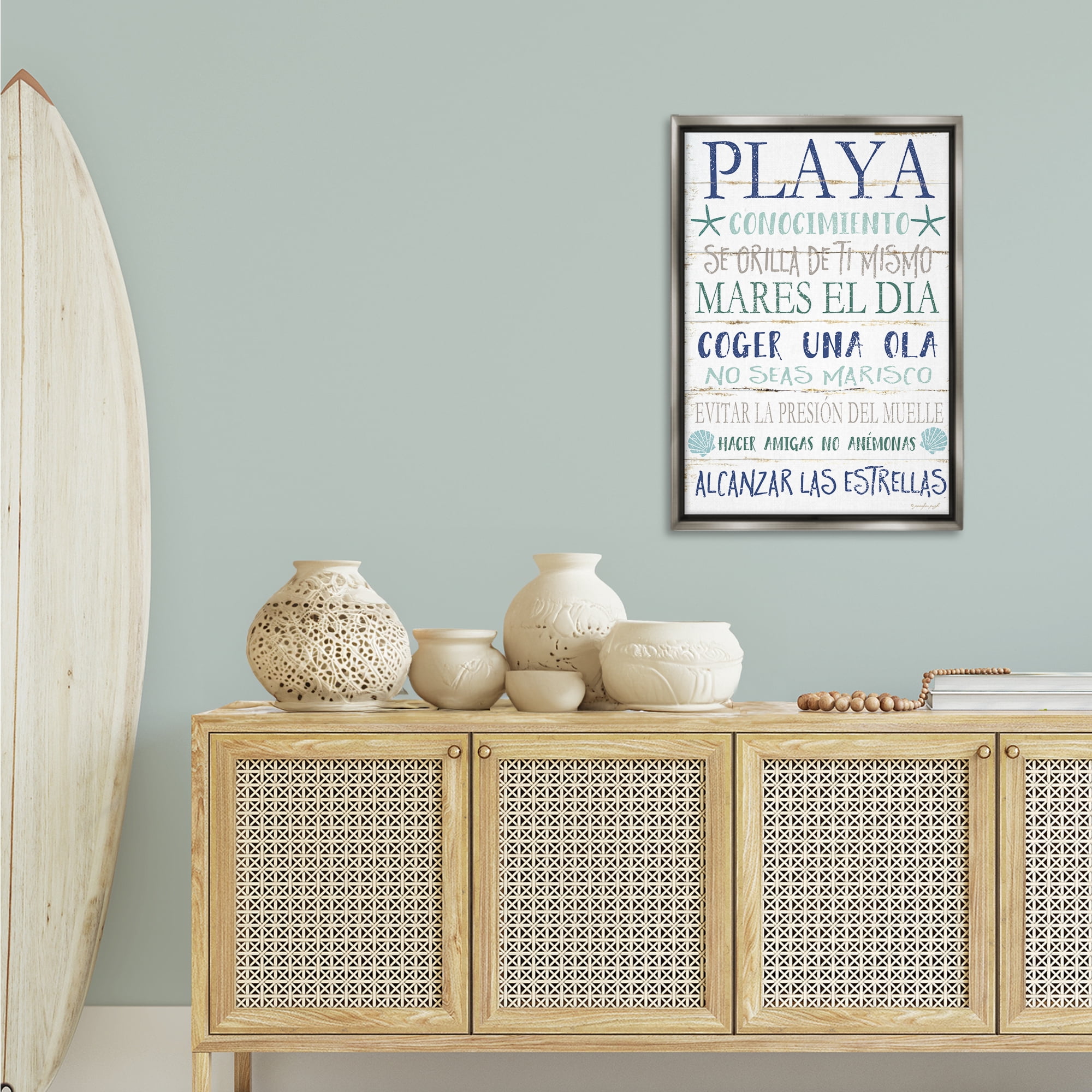 Stupell Industries Frases Felices De Playa Beach Painting Gray Floater Framed Art Print Wall Art, 21 x 31