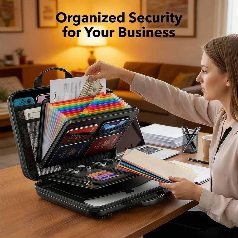 Hard-Shell Fireproof & Waterproof Document Organizer with Lock, 13-Pocket Expanding File Folder with Handle, Multi-Compartment for Documents, Certificates, Laptop & PassportPassport Storage Box