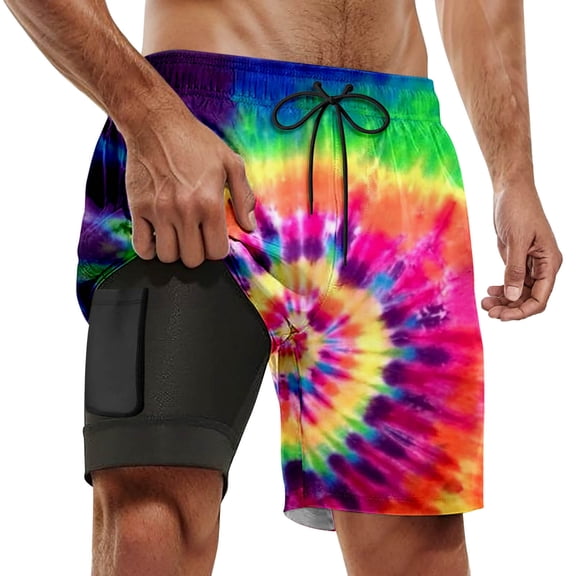 Letdown Men's Swim Trunks with Compression Liner Swim Shorts Print Stretch Breathable Swimming Trunks Swim Suits with Pockets